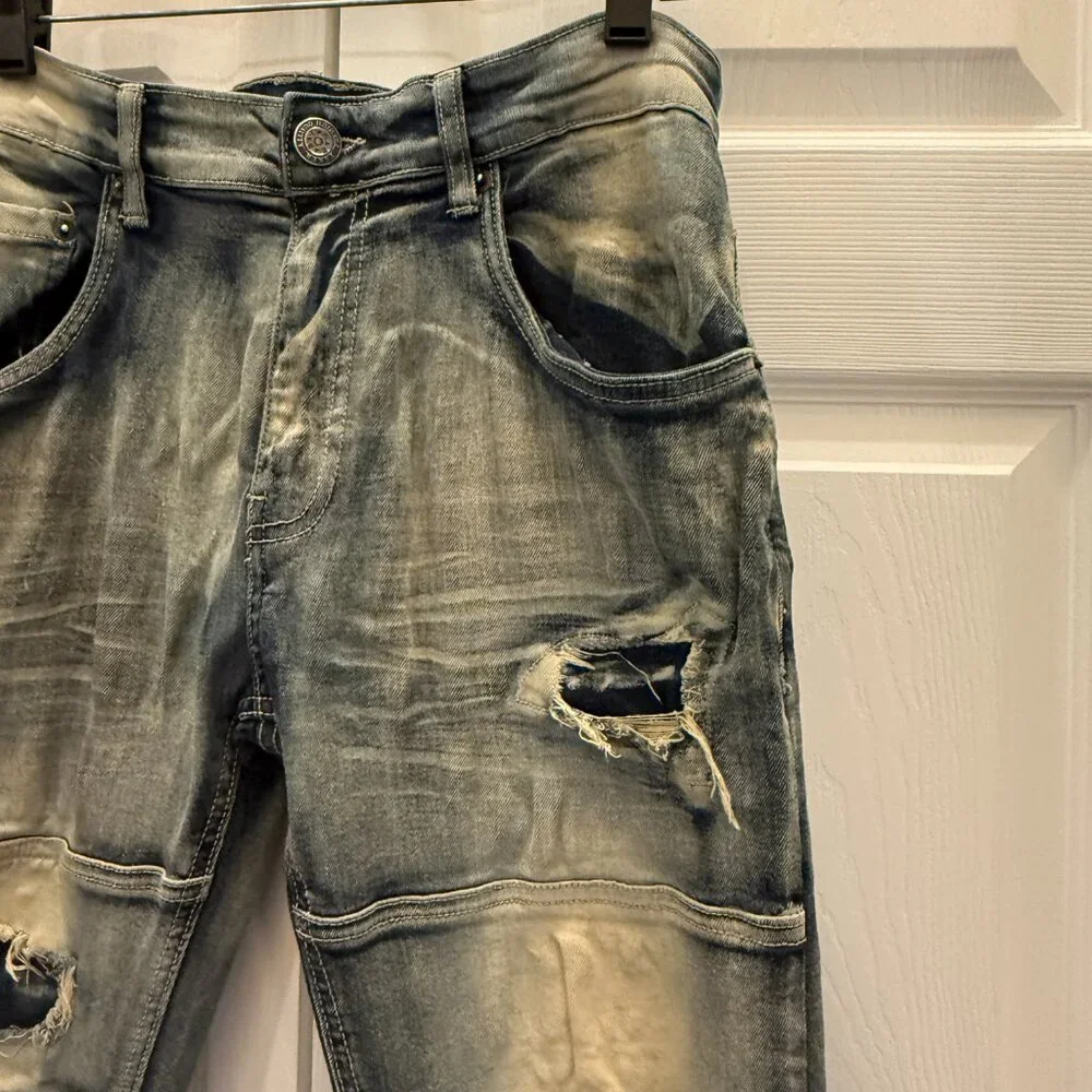 TAKER Blue Distressed Men's Jeans 30x32  (32 inseam/ 30 waist measured) stretch - Picture 14 of 15